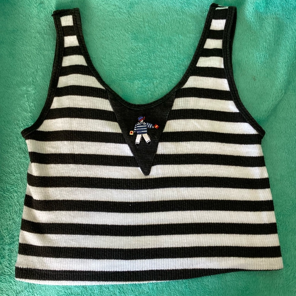 Black/White Striped Crop Top with cute French embroidery.